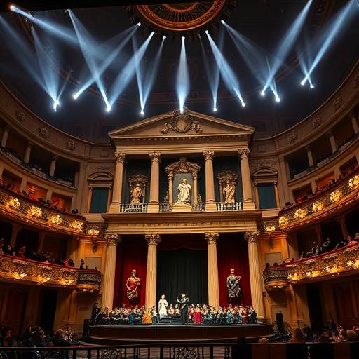 Foto del palco del Teatro alla Scala durante una rappresentazione operistica, con cantanti in costume e scenografie elaborate.