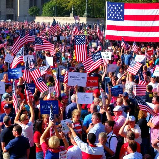 Fotografia di una folla che partecipa a un rally politico negli Stati Uniti, con bandiere americane e cartelli elettorali