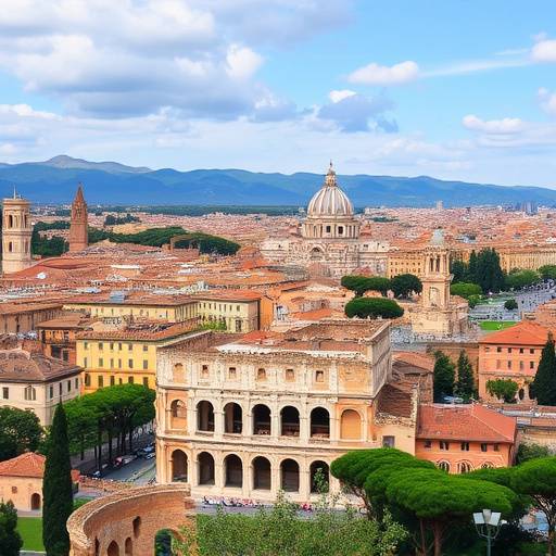 Veduta panoramica di Roma, Italia, con il Colosseo in primo piano